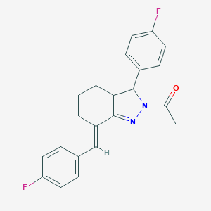 molecular formula C22H20F2N2O B390176 1-[(7E)-7-(4-fluorobenzylidene)-3-(4-fluorophenyl)-3,3a,4,5,6,7-hexahydro-2H-indazol-2-yl]ethanone 