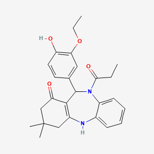molecular formula C26H30N2O4 B3902948 11-(3-ethoxy-4-hydroxyphenyl)-3,3-dimethyl-10-propionyl-2,3,4,5,10,11-hexahydro-1H-dibenzo[b,e][1,4]diazepin-1-one 