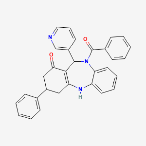 molecular formula C31H25N3O2 B3903753 10-benzoyl-3-phenyl-11-(3-pyridinyl)-2,3,4,5,10,11-hexahydro-1H-dibenzo[b,e][1,4]diazepin-1-one 