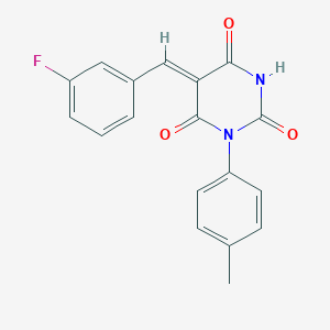 molecular formula C18H13FN2O3 B3903949 5-(3-fluorobenzylidene)-1-(4-methylphenyl)-2,4,6(1H,3H,5H)-pyrimidinetrione 
