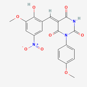 molecular formula C19H15N3O8 B3904239 5-(2-hydroxy-3-methoxy-5-nitrobenzylidene)-1-(4-methoxyphenyl)-2,4,6(1H,3H,5H)-pyrimidinetrione 