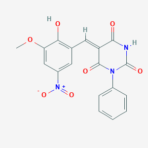 molecular formula C18H13N3O7 B3904308 5-(2-hydroxy-3-methoxy-5-nitrobenzylidene)-1-phenyl-2,4,6(1H,3H,5H)-pyrimidinetrione 