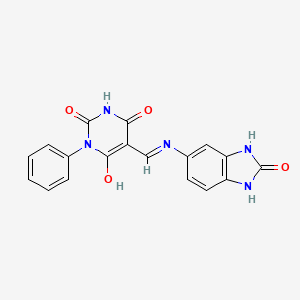 molecular formula C18H13N5O4 B3904471 5-{[(2-oxo-2,3-dihydro-1H-benzimidazol-5-yl)amino]methylene}-1-phenyl-2,4,6(1H,3H,5H)-pyrimidinetrione 