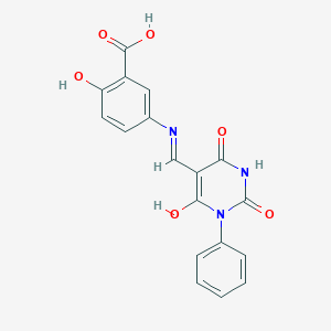 molecular formula C18H13N3O6 B3904656 2-hydroxy-5-{[(2,4,6-trioxo-1-phenyltetrahydro-5(2H)-pyrimidinylidene)methyl]amino}benzoic acid 