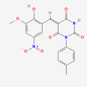 molecular formula C19H15N3O7 B3904715 5-(2-hydroxy-3-methoxy-5-nitrobenzylidene)-1-(4-methylphenyl)-2,4,6(1H,3H,5H)-pyrimidinetrione 