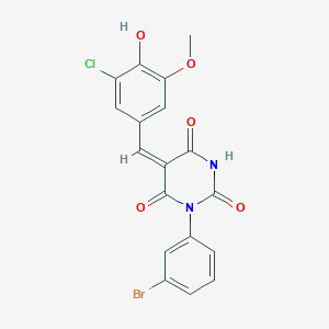 molecular formula C18H12BrClN2O5 B3905051 1-(3-bromophenyl)-5-(3-chloro-4-hydroxy-5-methoxybenzylidene)-2,4,6(1H,3H,5H)-pyrimidinetrione 