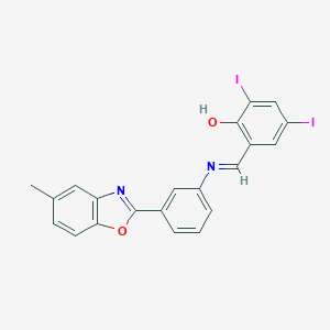 molecular formula C21H14I2N2O2 B390521 2,4-Diiodo-6-({[3-(5-methyl-1,3-benzoxazol-2-yl)phenyl]imino}methyl)phenol 