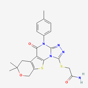 molecular formula C21H21N5O3S2 B3905270 2-{[7,7-dimethyl-4-(4-methylphenyl)-5-oxo-4,5,6,9-tetrahydro-7H-pyrano[4',3':4,5]thieno[3,2-e][1,2,4]triazolo[4,3-a]pyrimidin-1-yl]thio}acetamide 