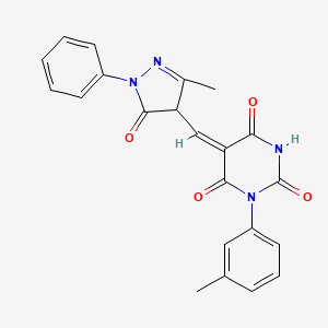 molecular formula C22H18N4O4 B3906395 5-[(3-methyl-5-oxo-1-phenyl-4,5-dihydro-1H-pyrazol-4-yl)methylene]-1-(3-methylphenyl)-2,4,6(1H,3H,5H)-pyrimidinetrione 