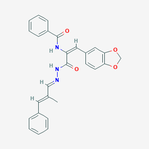 N-[(E)-1-(1,3-benzodioxol-5-yl)-3-[(2E)-2-[(E)-2-methyl-3-phenylprop-2-enylidene]hydrazinyl]-3-oxoprop-1-en-2-yl]benzamide