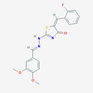 molecular formula C19H16FN3O3S B390780 (5E)-2-[(2E)-2-[(3,4-dimethoxyphenyl)methylidene]hydrazinyl]-5-[(2-fluorophenyl)methylidene]-1,3-thiazol-4-one 