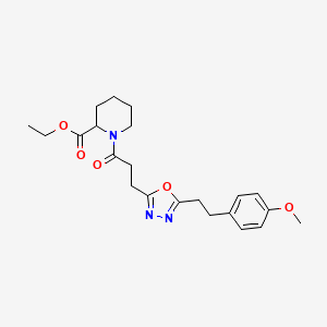 molecular formula C22H29N3O5 B3907889 ethyl 1-(3-{5-[2-(4-methoxyphenyl)ethyl]-1,3,4-oxadiazol-2-yl}propanoyl)-2-piperidinecarboxylate 