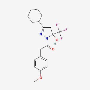 molecular formula C19H23F3N2O3 B3908408 3-cyclohexyl-1-[(4-methoxyphenyl)acetyl]-5-(trifluoromethyl)-4,5-dihydro-1H-pyrazol-5-ol 