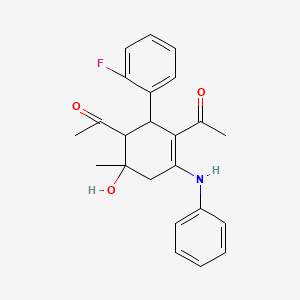 molecular formula C23H24FNO3 B3908481 1,1'-[4-anilino-2-(2-fluorophenyl)-6-hydroxy-6-methyl-3-cyclohexene-1,3-diyl]diethanone 