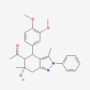 molecular formula C25H28N2O4 B3908486 1-[4-(3,4-dimethoxyphenyl)-6-hydroxy-3,6-dimethyl-2-phenyl-4,5,6,7-tetrahydro-2H-indazol-5-yl]ethanone 