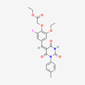 molecular formula C24H23IN2O7 B3910676 ethyl (2-ethoxy-6-iodo-4-{[1-(4-methylphenyl)-2,4,6-trioxotetrahydro-5(2H)-pyrimidinylidene]methyl}phenoxy)acetate 