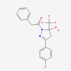 molecular formula C18H14F4N2O2 B3910936 3-(4-fluorophenyl)-1-(phenylacetyl)-5-(trifluoromethyl)-4,5-dihydro-1H-pyrazol-5-ol 
