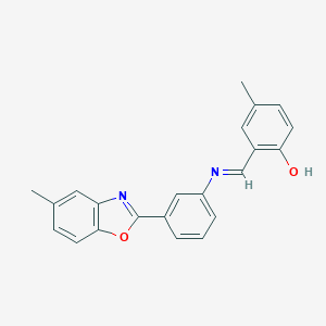 molecular formula C22H18N2O2 B391110 4-Methyl-2-({[3-(5-methyl-1,3-benzoxazol-2-yl)phenyl]imino}methyl)phenol 