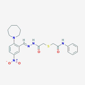 molecular formula C23H27N5O4S B391147 2-{[2-(2-{2-(1-azepanyl)-5-nitrobenzylidene}hydrazino)-2-oxoethyl]sulfanyl}-N-phenylacetamide 