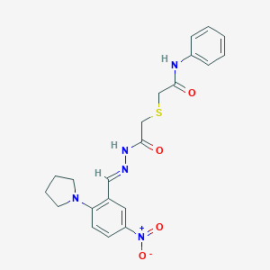 molecular formula C21H23N5O4S B391149 2-[(2-{2-[5-nitro-2-(1-pyrrolidinyl)benzylidene]hydrazino}-2-oxoethyl)sulfanyl]-N-phenylacetamide 