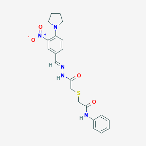 molecular formula C21H23N5O4S B391155 2-[(2-{2-[3-nitro-4-(1-pyrrolidinyl)benzylidene]hydrazino}-2-oxoethyl)sulfanyl]-N-phenylacetamide 