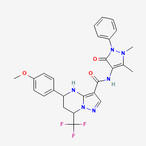 molecular formula C26H25F3N6O3 B3911803 N-(1,5-dimethyl-3-oxo-2-phenyl-2,3-dihydro-1H-pyrazol-4-yl)-5-(4-methoxyphenyl)-7-(trifluoromethyl)-4,5,6,7-tetrahydropyrazolo[1,5-a]pyrimidine-3-carboxamide 