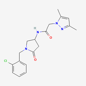 molecular formula C18H21ClN4O2 B3912043 N-[1-(2-chlorobenzyl)-5-oxo-3-pyrrolidinyl]-2-(3,5-dimethyl-1H-pyrazol-1-yl)acetamide 