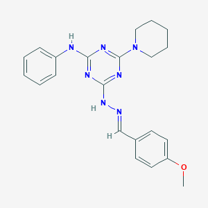molecular formula C22H25N7O B391239 4-Methoxybenzaldehyde [4-anilino-6-(1-piperidinyl)-1,3,5-triazin-2-yl]hydrazone 