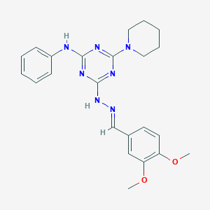 molecular formula C23H27N7O2 B391243 3,4-Dimethoxybenzaldehyde [4-anilino-6-(1-piperidinyl)-1,3,5-triazin-2-yl]hydrazone 