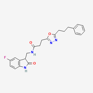 molecular formula C23H23FN4O3 B3912479 N-[(5-fluoro-2-oxo-2,3-dihydro-1H-indol-3-yl)methyl]-3-[5-(3-phenylpropyl)-1,3,4-oxadiazol-2-yl]propanamide 