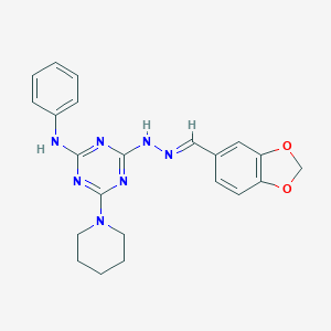 molecular formula C22H23N7O2 B391265 2-N-[(E)-1,3-benzodioxol-5-ylmethylideneamino]-4-N-phenyl-6-piperidin-1-yl-1,3,5-triazine-2,4-diamine 