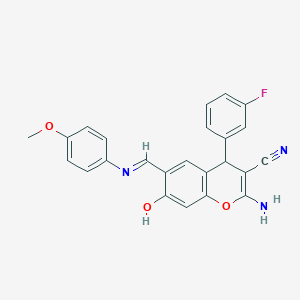 molecular formula C24H18FN3O3 B391321 2-amino-4-(3-fluorophenyl)-7-hydroxy-6-{(E)-[(4-methoxyphenyl)imino]methyl}-4H-chromene-3-carbonitrile 