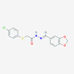 molecular formula C16H13ClN2O3S B391325 N'-(1,3-benzodioxol-5-ylmethylene)-2-[(4-chlorophenyl)sulfanyl]acetohydrazide 