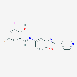 molecular formula C19H11BrIN3O2 B391366 4-Bromo-2-iodo-6-({[2-(4-pyridinyl)-1,3-benzoxazol-5-yl]imino}methyl)phenol 