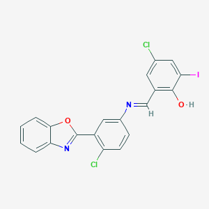 molecular formula C20H11Cl2IN2O2 B391369 2-({[3-(1,3-Benzoxazol-2-yl)-4-chlorophenyl]imino}methyl)-4-chloro-6-iodophenol 