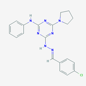 molecular formula C20H20ClN7 B391370 4-Chlorobenzaldehyde [4-anilino-6-(1-pyrrolidinyl)-1,3,5-triazin-2-yl]hydrazone 