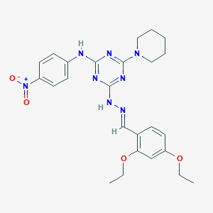 molecular formula C25H30N8O4 B391377 2,4-Diethoxybenzaldehyde [4-{4-nitroanilino}-6-(1-piperidinyl)-1,3,5-triazin-2-yl]hydrazone 