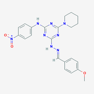 molecular formula C22H24N8O3 B391378 4-Methoxybenzaldehyde [4-{4-nitroanilino}-6-(1-piperidinyl)-1,3,5-triazin-2-yl]hydrazone 