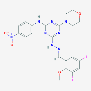 molecular formula C21H20I2N8O4 B391379 3,5-Diiodo-2-methoxybenzaldehyde [4-{4-nitroanilino}-6-(4-morpholinyl)-1,3,5-triazin-2-yl]hydrazone 