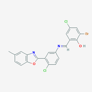molecular formula C21H13BrCl2N2O2 B391397 2-Bromo-4-chloro-6-({[4-chloro-3-(5-methyl-1,3-benzoxazol-2-yl)phenyl]imino}methyl)phenol 