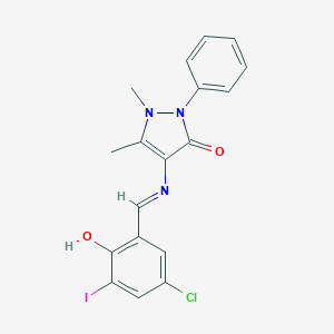 molecular formula C18H15ClIN3O2 B391431 4-[(5-chloro-2-hydroxy-3-iodobenzylidene)amino]-1,5-dimethyl-2-phenyl-1,2-dihydro-3H-pyrazol-3-one 