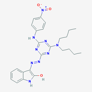 (3Z)-3-(2-{4-(dibutylamino)-6-[(4-nitrophenyl)amino]-1,3,5-triazin-2-yl}hydrazinylidene)-1,3-dihydro-2H-indol-2-one