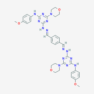 2-N-[(E)-[4-[(E)-[[4-(4-methoxyanilino)-6-morpholin-4-yl-1,3,5-triazin-2-yl]hydrazinylidene]methyl]phenyl]methylideneamino]-4-N-(4-methoxyphenyl)-6-morpholin-4-yl-1,3,5-triazine-2,4-diamine