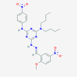 molecular formula C25H31N9O5 B391520 2-N,2-N-dibutyl-4-N-[(E)-(2-methoxy-5-nitrophenyl)methylideneamino]-6-N-(4-nitrophenyl)-1,3,5-triazine-2,4,6-triamine 