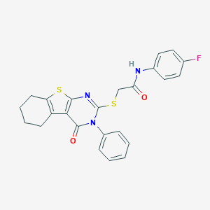molecular formula C24H20FN3O2S2 B391525 N-(4-fluorophenyl)-2-[(4-oxo-3-phenyl-5,6,7,8-tetrahydro-[1]benzothiolo[2,3-d]pyrimidin-2-yl)sulfanyl]acetamide CAS No. 332869-64-4