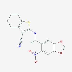 molecular formula C17H13N3O4S B391529 2-{[(E)-(6-nitro-1,3-benzodioxol-5-yl)methylidene]amino}-4,5,6,7-tetrahydro-1-benzothiophene-3-carbonitrile 