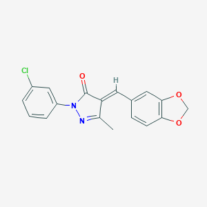 molecular formula C18H13ClN2O3 B391555 4-(1,3-benzodioxol-5-ylmethylene)-2-(3-chlorophenyl)-5-methyl-2,4-dihydro-3H-pyrazol-3-one 