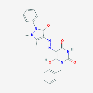 molecular formula C22H20N6O4 B391562 (5Z)-1-benzyl-5-[2-(1,5-dimethyl-3-oxo-2-phenyl-2,3-dihydro-1H-pyrazol-4-yl)hydrazinylidene]pyrimidine-2,4,6(1H,3H,5H)-trione CAS No. 300833-96-9