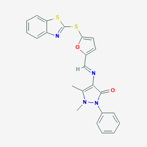 4-({(E)-[5-(1,3-benzothiazol-2-ylsulfanyl)furan-2-yl]methylidene}amino)-1,5-dimethyl-2-phenyl-1,2-dihydro-3H-pyrazol-3-one