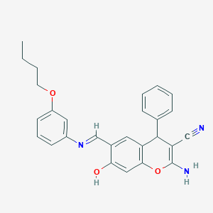molecular formula C27H25N3O3 B391565 2-amino-6-{[(3-butoxyphenyl)imino]methyl}-7-hydroxy-4-phenyl-4H-chromene-3-carbonitrile 